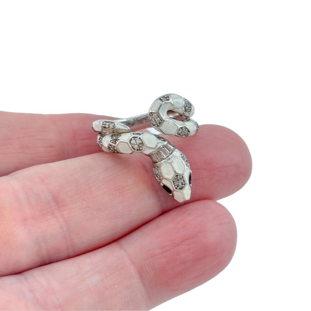 Sterling Silver 925 White Enamel Cubic Zirconia Snake Wrap Ring Size 8.5